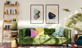A mid-century living room in strong flat colour