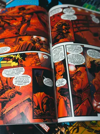 A comic open flat, panels and lettering filling the frame