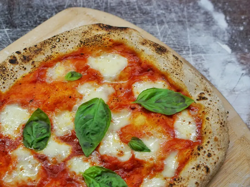 A margherita straight out of the oven, photographed from above