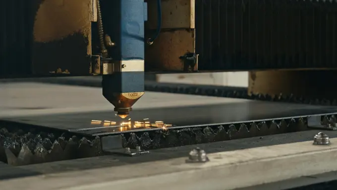A laser head cutting a profile out of a steel sheet