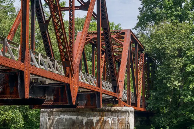 A steel rail bridge span seen from the track bed